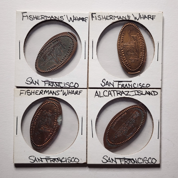 Four Rolled Penny Souvenir Coins From San Francisco Including Alcatraz Island & Fisherman's Wharf