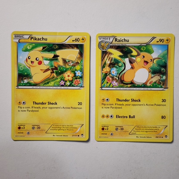 Two Vintage Pokemon Trading Cards ~ Pikachu 27/111 & Raichu 28/111