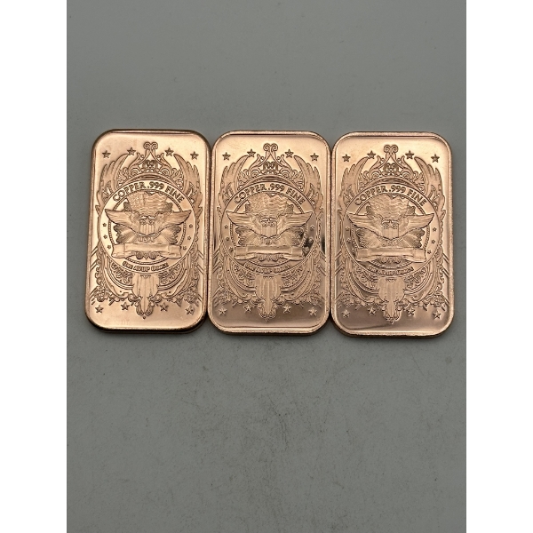 Three Buffalo 1 AVDP oz .999 Fine Copper Bars