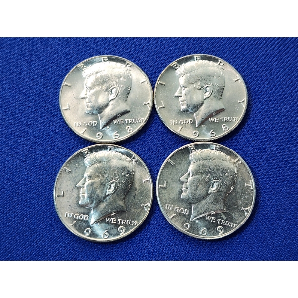 x4 Assorted Years 40% Silver Kennedy Half Dollars - FV: $2.00