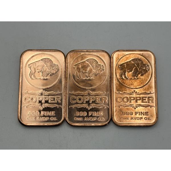 Three 1oz Copper Buffalo Bars
