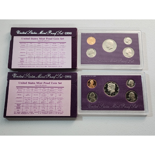 1990 and 1991 United States Mint Proof Sets In Original Packaging With CoA