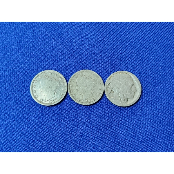 3 Older U.S. Nickels Including x2 1907 "V" Nickels and Unknown Year Buffalo Nickel