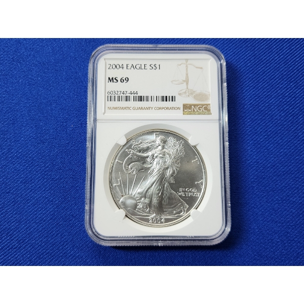 2004 $1 American Siver Eagle 1 oz Fine Silver Graded by NGC MS 69