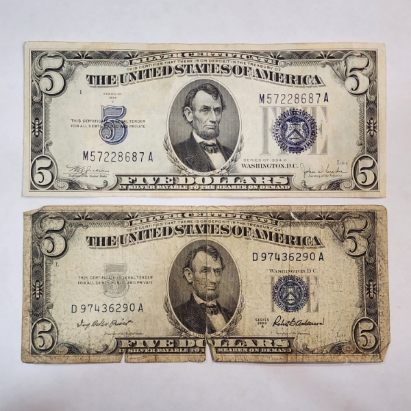 Two United States $5 Blue Seal Silver Certificates 1934 C & 1953 A