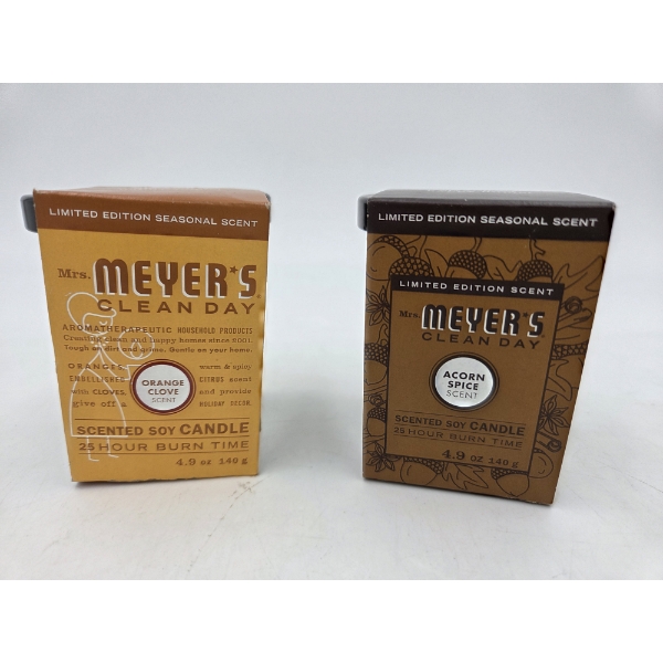 Two Brand New Meyers Clean Day 4.9 oz Soy Candles In Spiced Pumpkin & Acorn Spice