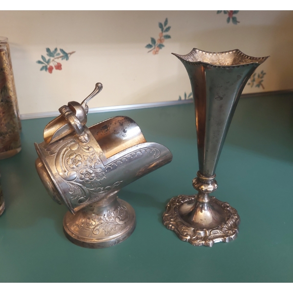 Vintage Silver Plate Sugar Scuttle With small Scoop & SP Bud Vase