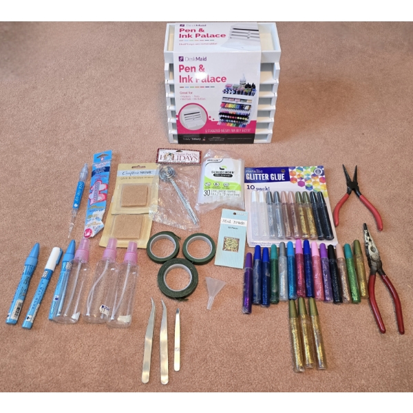 Assorted Craft Items incl Pen Organizer, Glitter Glue, Tweezers and More