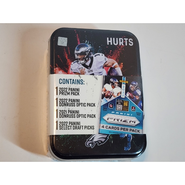 2022 Panini Prizm Jalen Hurts NFL Collector's Tin Ft. Four Sealed Packs of Football Cards