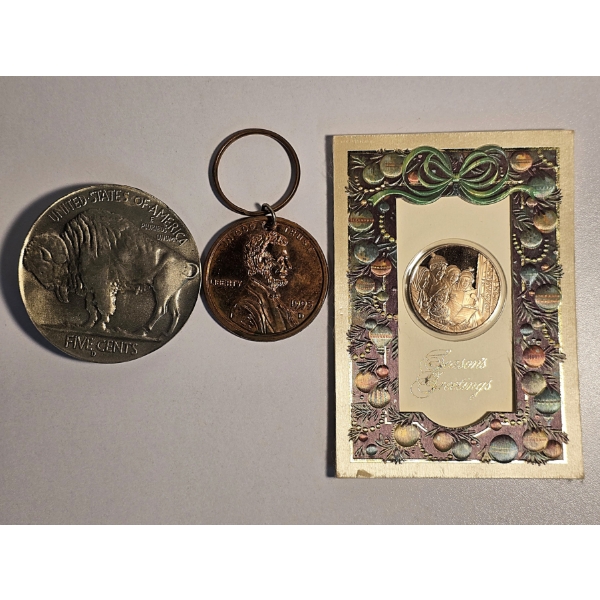 Buffalo Nickel Belt Buckle (3"), Penny Key Chain (2") & Seasons Greeting Commemorative Round (1.5")
