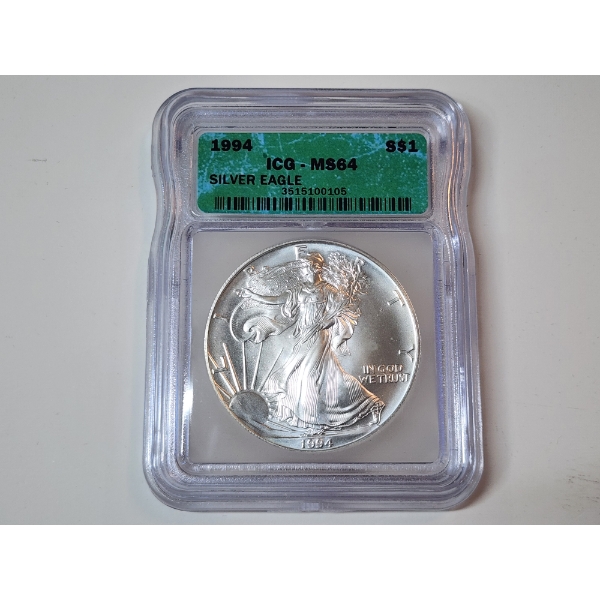 ICG Graded MS64 1994 American Silver Eagle - 1 oz .999 Fine Silver 