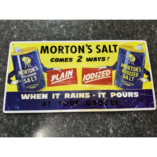 Morton's Salt When It Rains, It Pours 19"x19 1/2" Metal Sign - Great Condition 
