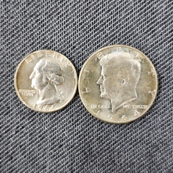 Two 1964 United States 90% Silver Coins ~ Half Dollar & Quarter ~ $0.75 Face Value 