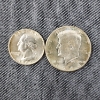 Image 1 : Two 1964 United States 90% Silver Coins ~ Half Dollar & Quarter ~ $0.75 Face Value 