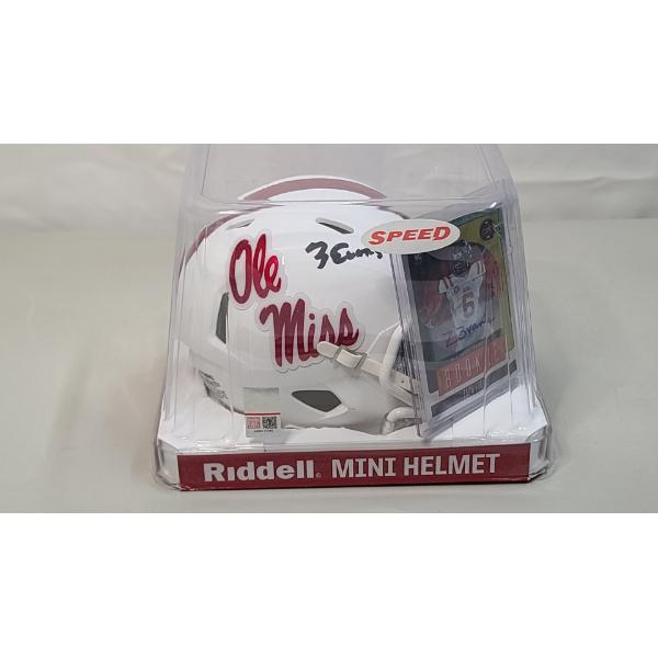Autographed Zach Evans Riddell Mini Helmet With COA & 2023 Panini Zack Evans Autographed Rookie Card