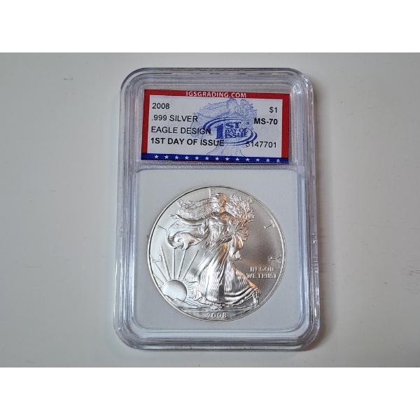 IGS MS70 2008 American Silver Eagle FDOI 1 oz .999 Fine Silver 