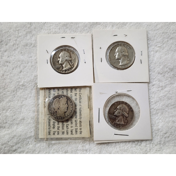Four United States 90% Silver Quarters Ft. Three Washington & One Barber ~ $1.00 Face Value