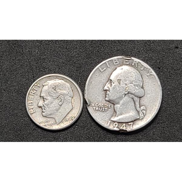 1947 90% Silver Washington Head Quarter & 1949 90% Silver Roosevelt Dime - Face Value: $0.35