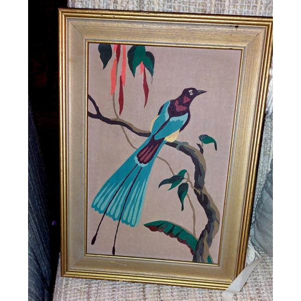 Hand Painted Set Of Framed Exotic Bird Paintings On Woven Cloth -  Very Colorful Bird Of Paradise +