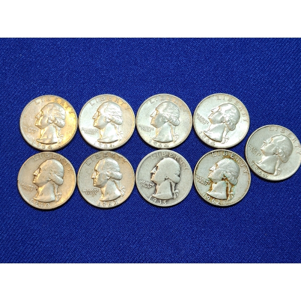 Assorted Years 90% Silver Washington Quarters - Face Value: $2.25