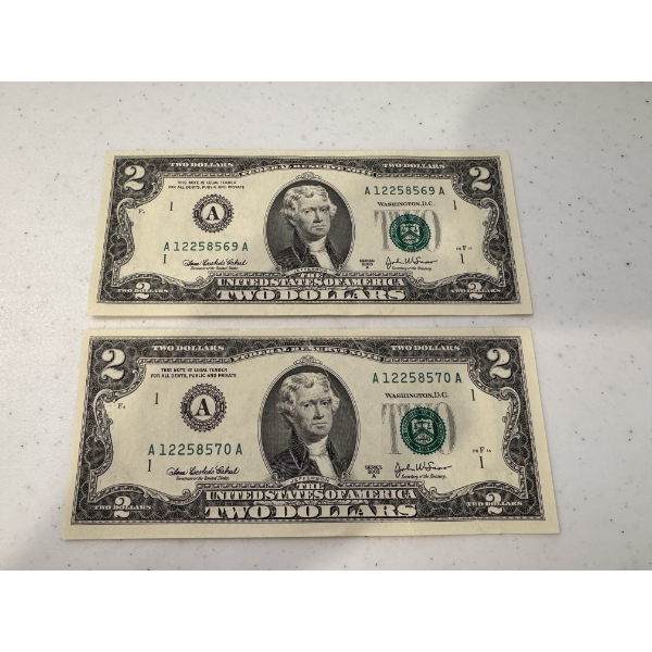 2 - United States Thomas Jefferson $2.00 Bill - Consecutive Numbered Bills - Mint Condition