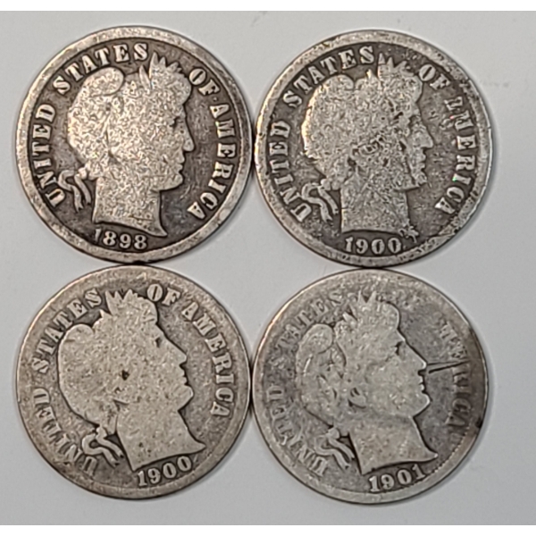 1898, 1900, 1900-S, 1901 90% Silver Barber Dimes - Face Value: $0.40