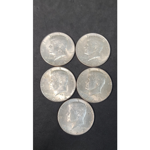 (5) 1964 90% Silver Kennedy Half Dollars - Face Value: $2.50