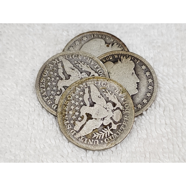 Four Assorted United States 90% Silver Barber Quarters ~ $1.00 Face Value!