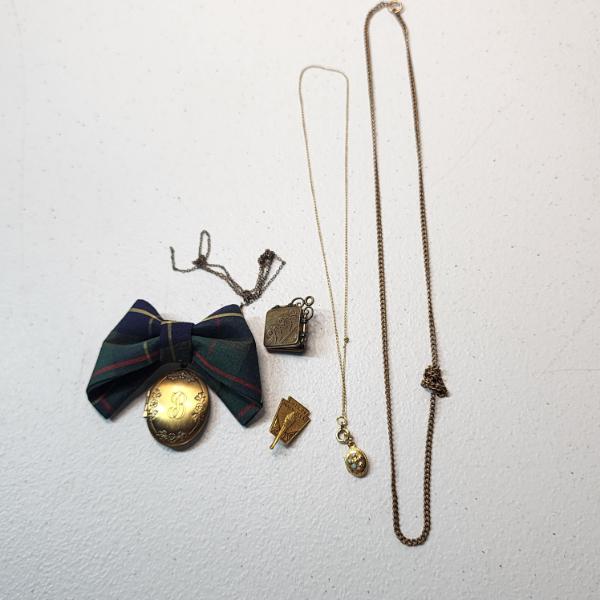 Lot of Various Vintage Gold-Filled Pieces: Bowtie  B  Pendant/Locket, Pins, Chains