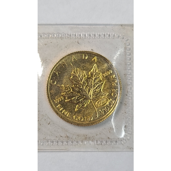 1999 Canada 1/10th Troy Oz .9999 Fine Gold Maple Leaf Coin With Special 20 Years Anniversary Privy