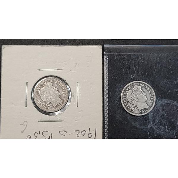 1902-O & 1916 90% Silver Barber Dimes - Face Value: $0.20