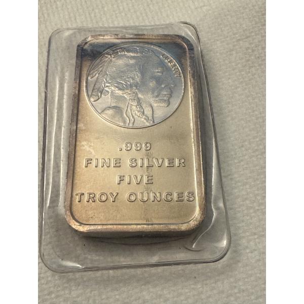 Vintage 5 Ounce .999 Fine Silver Troy Ounce Bar - Tested & Authenticated - Toned