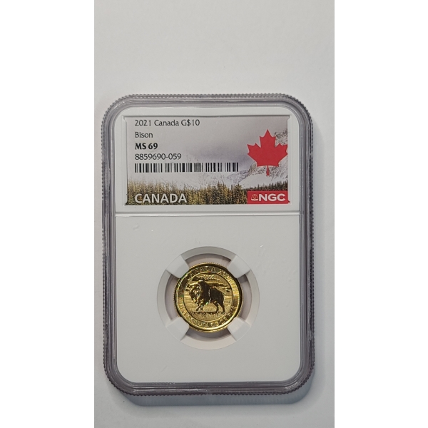 NGC 2021 MS69 $10 Royal Canadian Mint Wood Bison 1/4 oz .9999 Fine Gold Coin