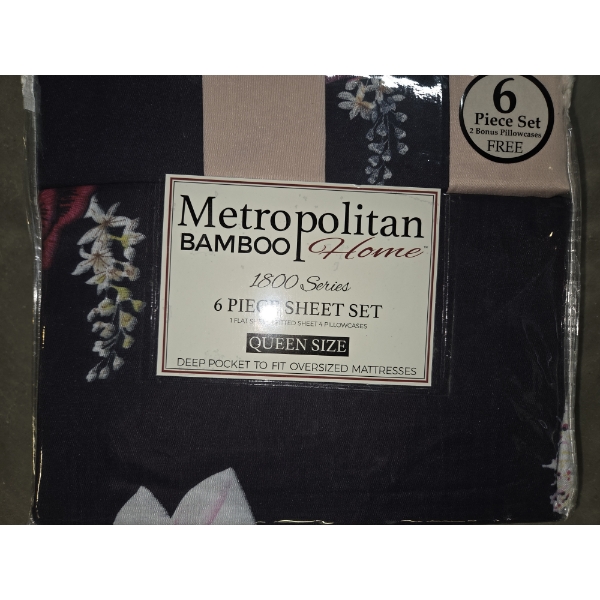 New Metropolitan Bamboo 6 Piece Sheet Set. Navy Flower Print