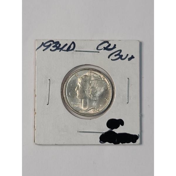 United States 1934-D Mercury 90% Silver Dime - BU Condition