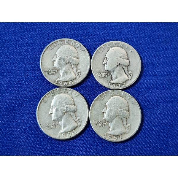 x4 Assorted Years U.S. 90% Silver Washington Quarters FV: $1.00