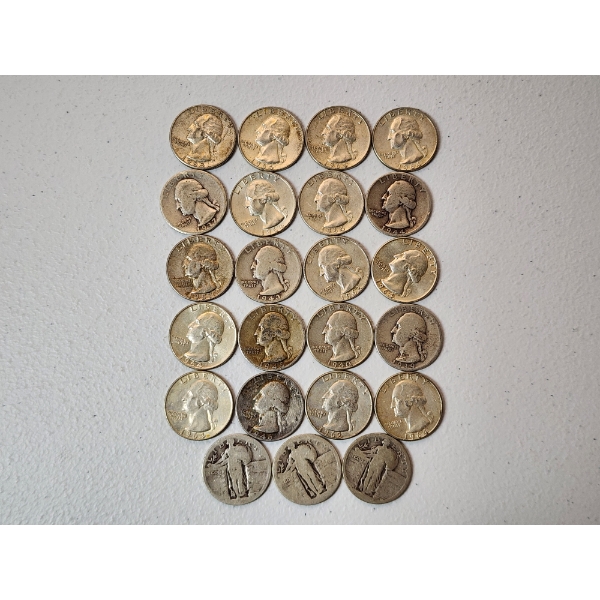 Assorted Years 90% Silver Quarters Including Washington and Standing Liberty Face Value $5.75