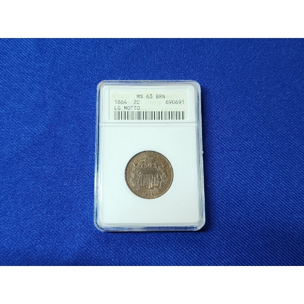 1864 United States Large Motto Two-Cent Piece ANACS MS 63 BRN