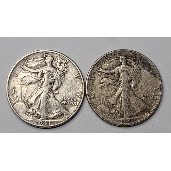 United States 1941-D & 1944 Walking Liberty 90% Silver Half Dollars - Face Value: $1.00