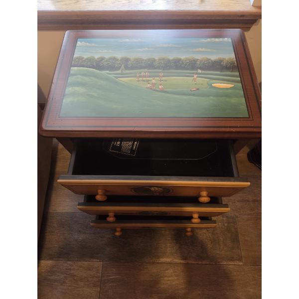 Hand Painted Golf Themed Side Table With Black Velvet Lined Drawers. 