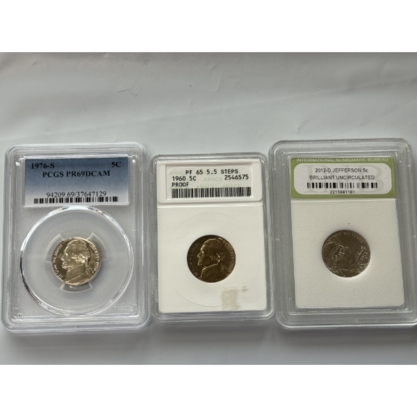 Lot Of 3 Graded Nickels Including Proof - All In Cases - Mint Condition