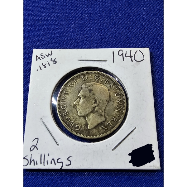 1940 Great Britian 2 Shillings, Florin Coin ASW .1818 Troy oz Silver