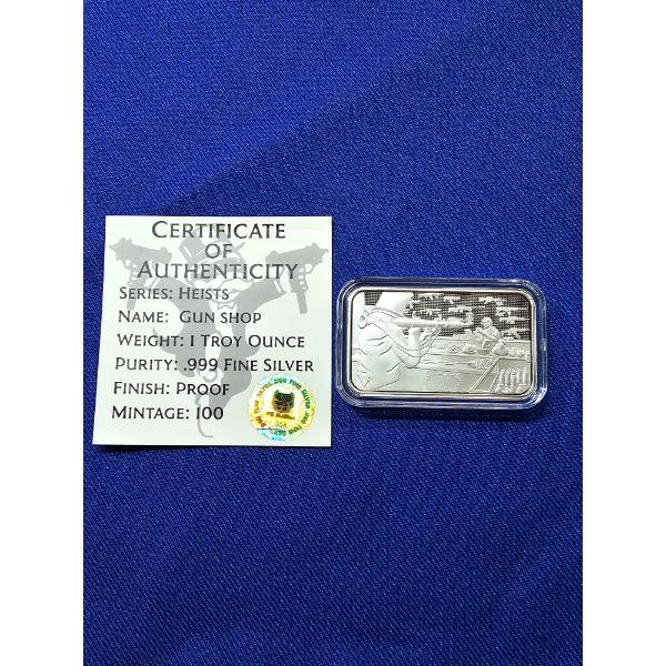 Pit Bullion 1 oz .999 Fine Silver Bar -  Heists - Gun Shop  Design Mintage 100
