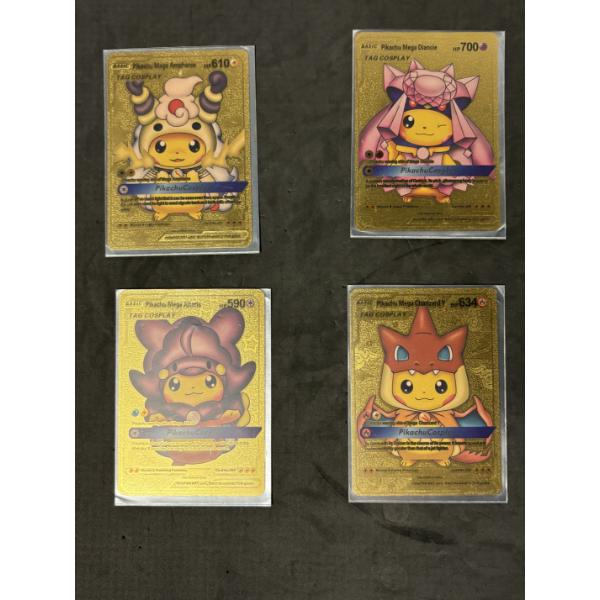 4 Pokémon Gold Trading Cards Pikachu Cosplay - Pikachu Mega Ampharos Card no. 007 - Pikachu 
