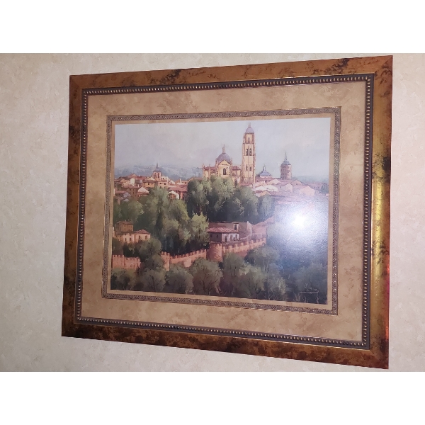 Large 44" x 38" European Scene Framed Print - Nice Wood Frame Excellent Condition