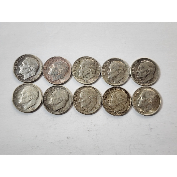 Lot of 10 Assorted Years Roosevelt Dimes - 90% U.S. Silver Coins - FV: $1.00