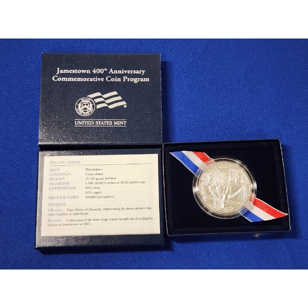 2007 Jamestown 400th Anniversary Commemorative Uncirculated Silver Dollar - 90% Silver 