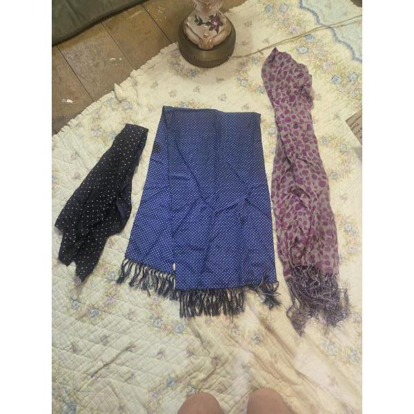 3 Vintage Ladies Scarves - Purple, Polka Dot & Blue