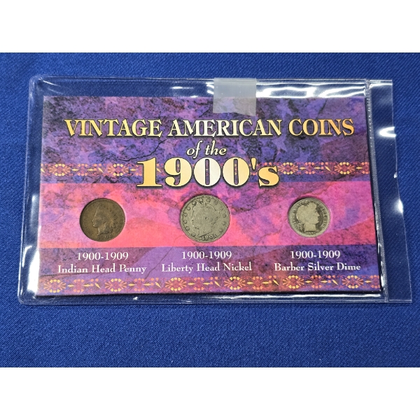 Vintage American Coins: 1904 Indian Head Penny, 1901 Liberty Head Nickel, 1907 Barber Silver Dime