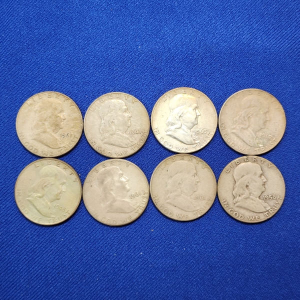 x8 Assorted Years United States Franklin 90% Silver Half Dollars - FV: $4.00